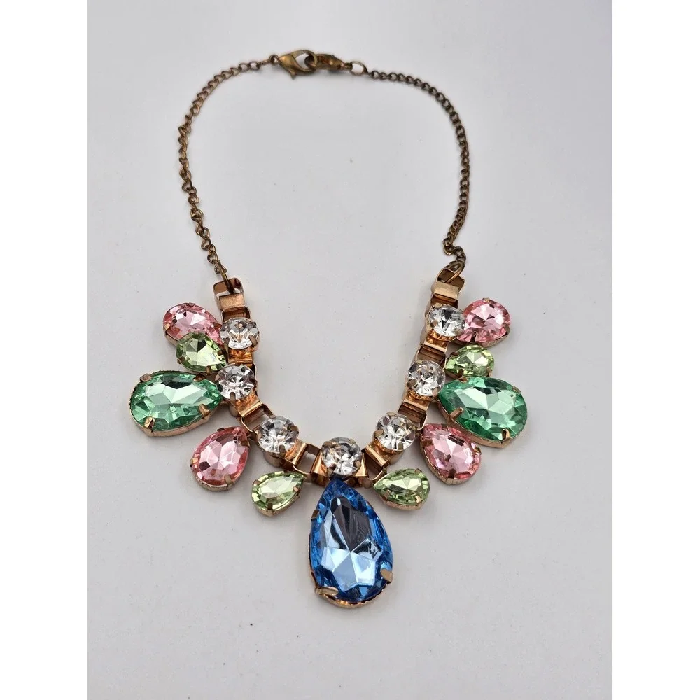 Multicolor‎ Statement Bib Necklace Gold Tone Teardrop Round Faceted Rhinestone